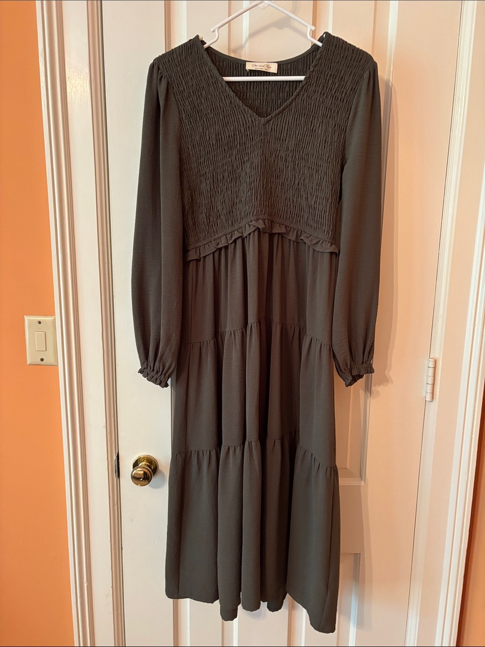 Doe & Rae Long Sleeve Smocked Tiered Maxi Dress — Dark Olive